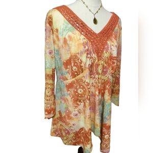 2748)Judy Knapp Multicolor Floral Lace Sequin Flowy Pullover Tunic Top Plus 2X